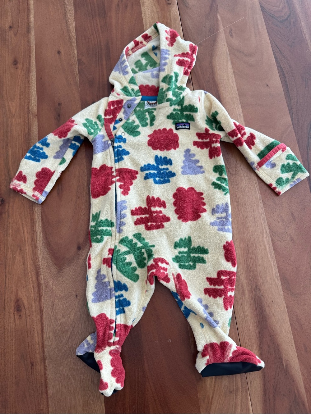 Patagonia Infant Micro D Bunting 3-6M Cream Multi-Color Hooded Fleece One-Piece